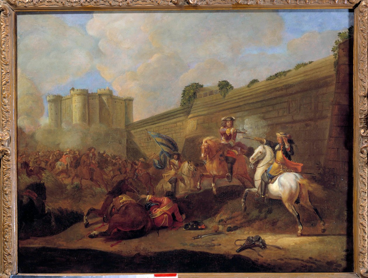 Episod de la Fronde 1648-1652: strid mellan två ryttare, faubourg Saint Antoine under väggarna i Bastille counter-escarp Painting of the French School. 1600-talet. Sol 0,5x0,72 m av French School