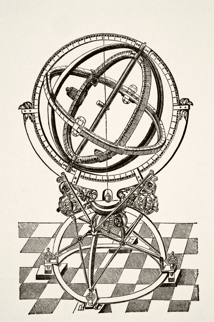 Ekvatorialringar eller cirklar, efter koppargravyr i boken Tychonis Brahe Astronomiae Instauratae Mechanica från 1602, från vetenskap och litteratur under medeltiden av Paul Lacroix pub. London 1878 av French School