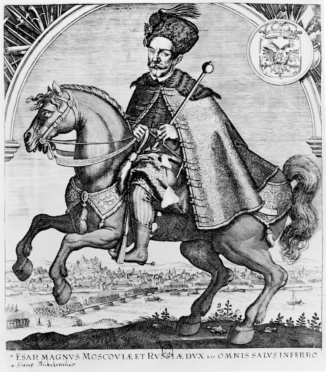 Ridsporträtt av Aleksey Mikhailovich, tsar av Ryssland (gravyr) av French School
