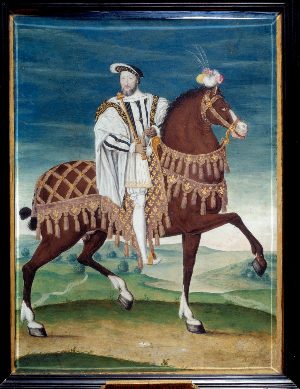 Ridsporträtt av Francois I (1494-1547), kung av Frankrike Anonym målning av den franska skolan. 1500-talet. Dämpa. 0,27x0,205 m. Musee Conde, Chantilly - Ridsporträtt av Francois I (1494-1547), anonym kung av Frankrike. Målning av fransmännen av French School