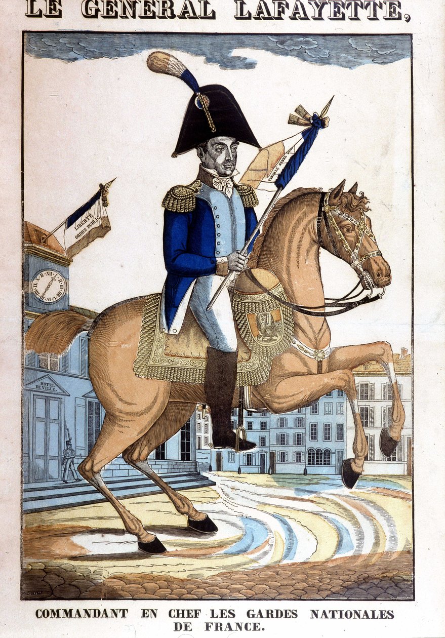 Ridsporträtt av general La Fayette (Lafayette), överbefälhavare för Frankrikes nationalgarde av French School