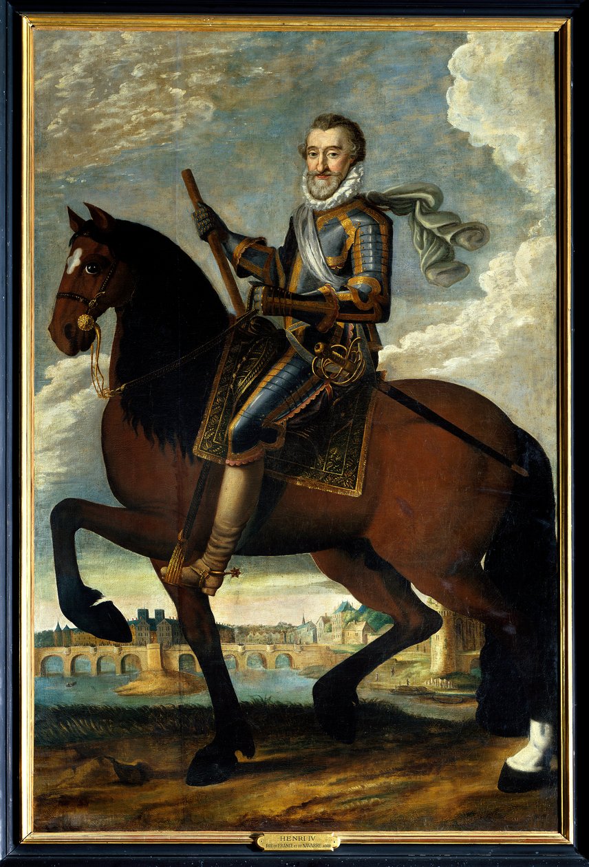 Ridsporträtt av Henrik IV (1553-1610) kung av Frankrike framför Pont Neuf i Paris. Anonym målning från 1600-talet. Olja på duk. Obligatoriskt omnämnande: Sully sur Loire, Chateau de Sully av French School