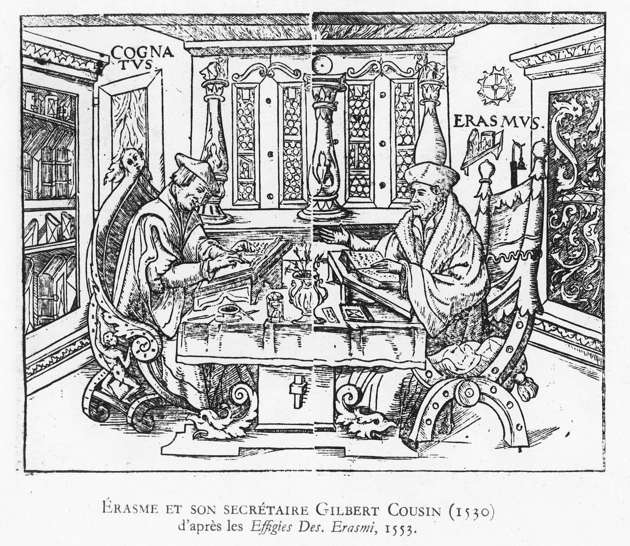 Erasmus och hans sekreterare Gilbert Cousin (träsnitt) av French School