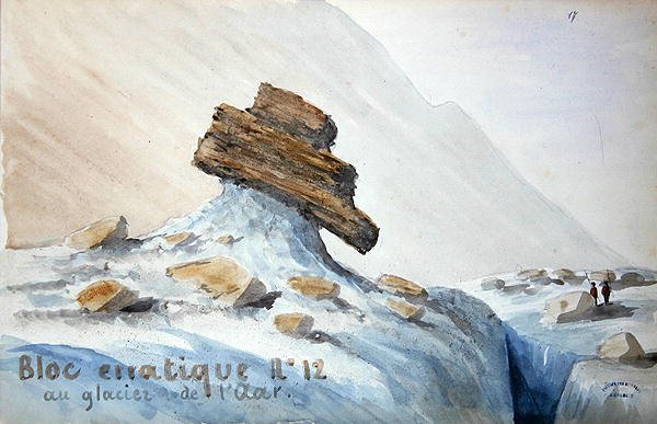 Oregelbundet block nr 12 vid Aar-glaciären i de schweiziska alperna (akvarell på papper) av French School