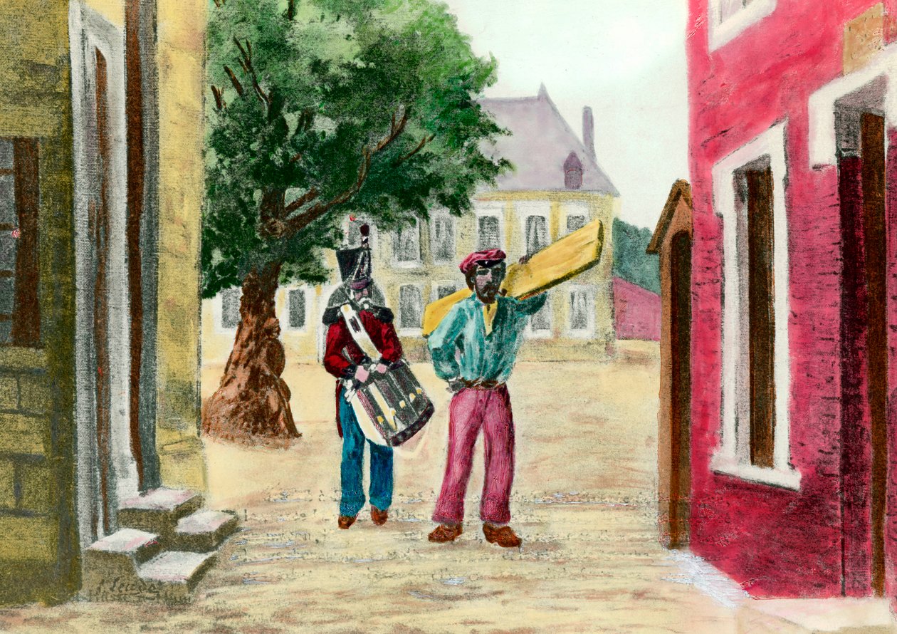 Flykt från Napoleon III: Prins Napoleon III förklädnad i macon rymde från Fort Ham 1846. Gravyr från 1800-talet. Privat samling. av French School