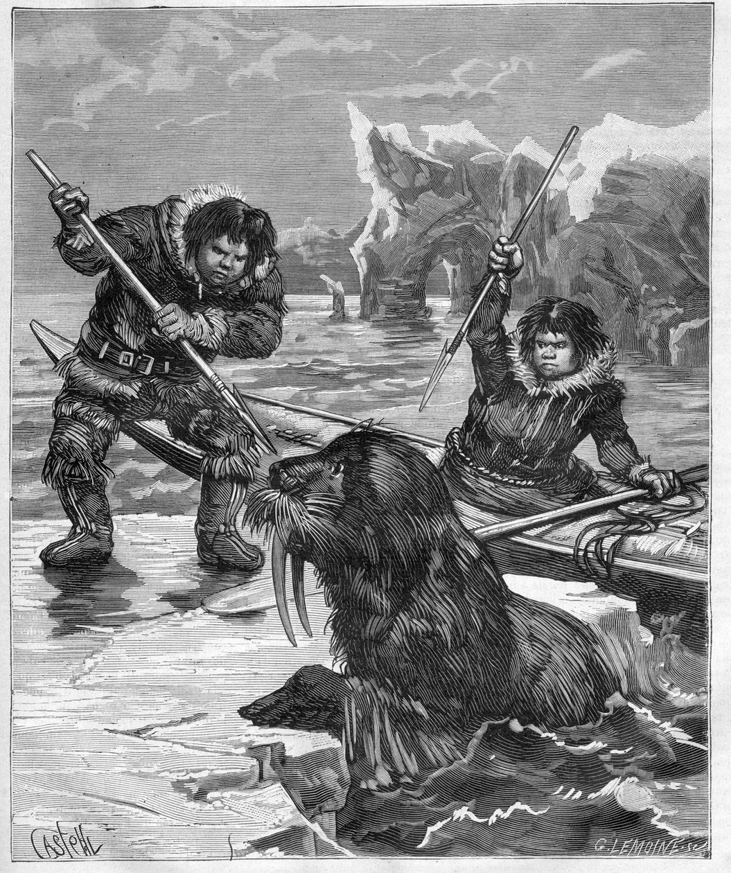 Eskimåer - fiskande valross - Eskimåer - valrossfiske 1888 - - Gravyr i "Journal des Voyages"" 1888 av French School