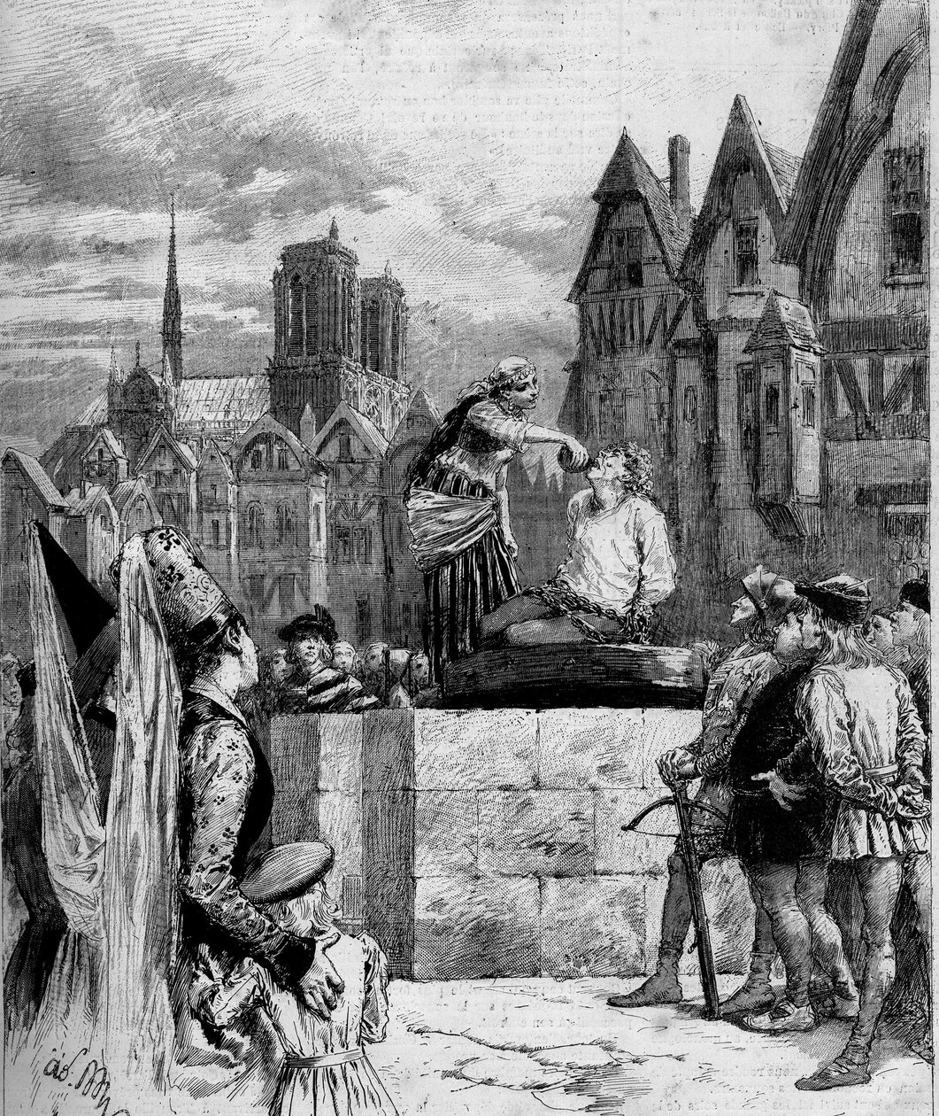Esmeralda ger en drink i Quasimodo på Place de Greve. Illustration av "Notre Dame de Paris" av Victor Hugo (1802-1885). Gravyr från 1879. av French School