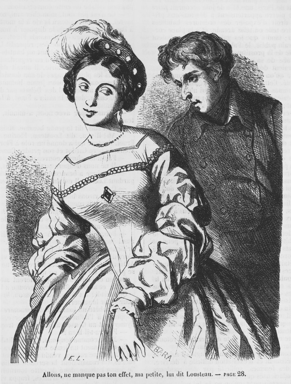 Etienne Lousteau talar till en skådespelerska, illustration från "Les Illusions perdues" av Honore de Balzac av French School