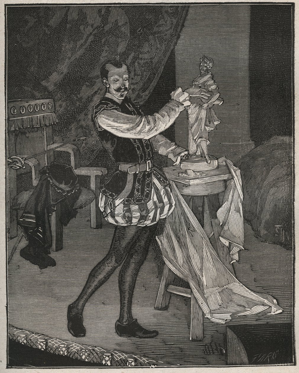 Etienne Marin Melingue (1808-1875), fransk skådespelare som spelar skulptören Benvenuto Cellini i Alexandre Dumas peres "Ascanio", anpassad till scenen av Paul Meurice. Gravyr från 1880 i ""Les arts et professions illustrés"" av Adolphe BITARD. av French School