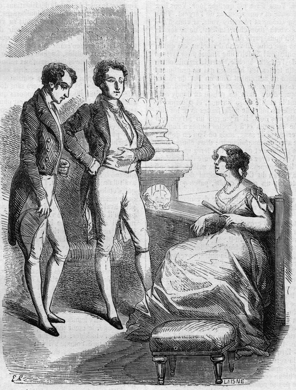 Eugene de Rastignac presenteras för Madame de Nucingen av markisen av Adjuda. Gravyr i mitten av 1800-talet. Illustration till "The Father Goriot" av Honore de Balzac (1799-1850). av French School