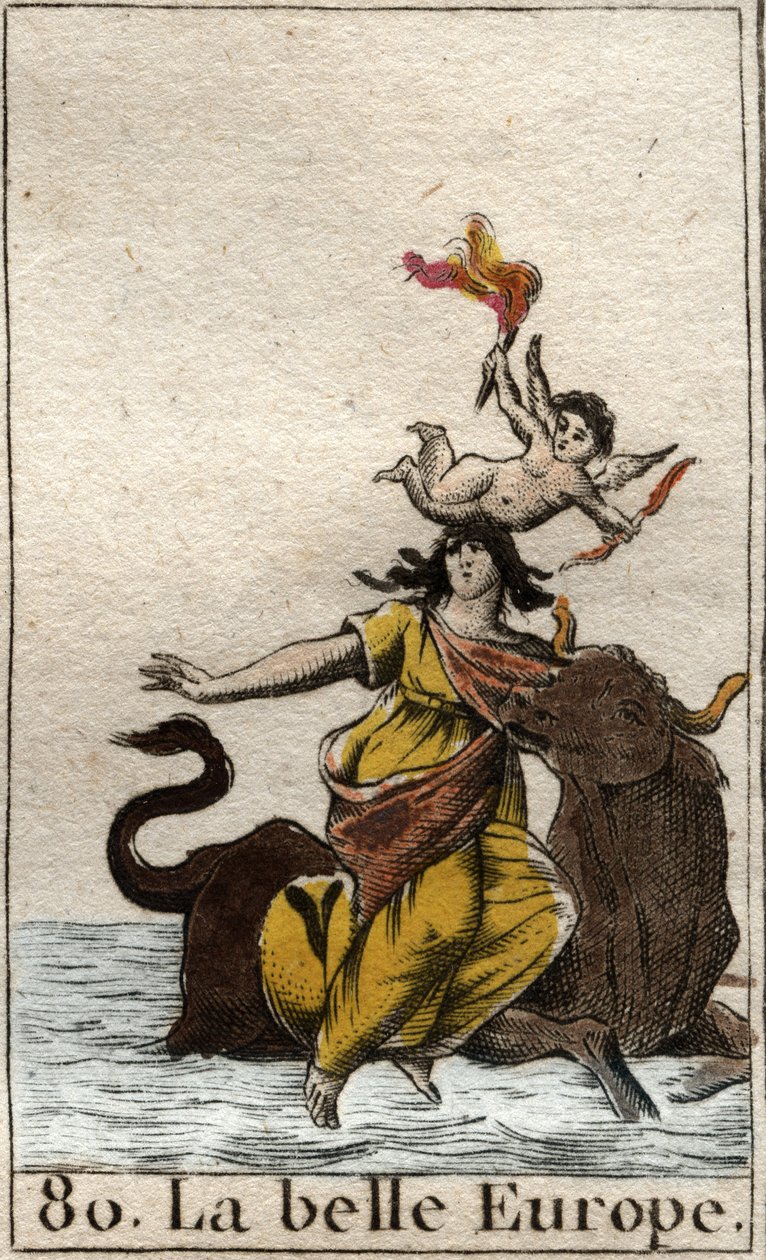 Europa kidnappad av Zeus i form av en tjur från "Mythologie de la jeunesse" av Pierre Blanchard 1803. av French School