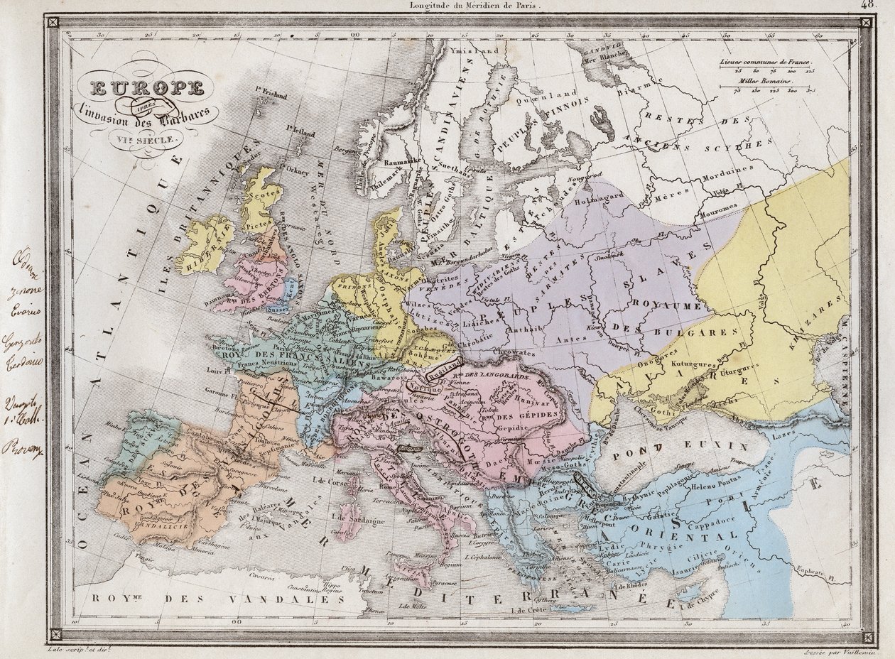 Europa efter invasionen av barbarerna på 600-talet - Plåt extraherad från "" Universal Atlas of Ancient and Modern Geography for the Use of Residential Schools"" av Vuillemin - omkring 1845 av French School