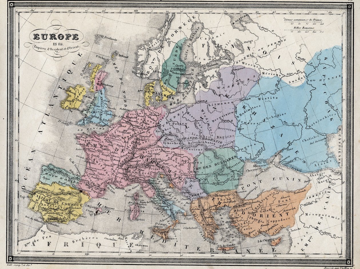 Europa år 814 - Empires of the West and the East - Plåt extraherad från "" Universal Atlas of Ancient and Modern Geography for the Use of Residential Schools"" av Vuillemin - cirka 1845 av French School