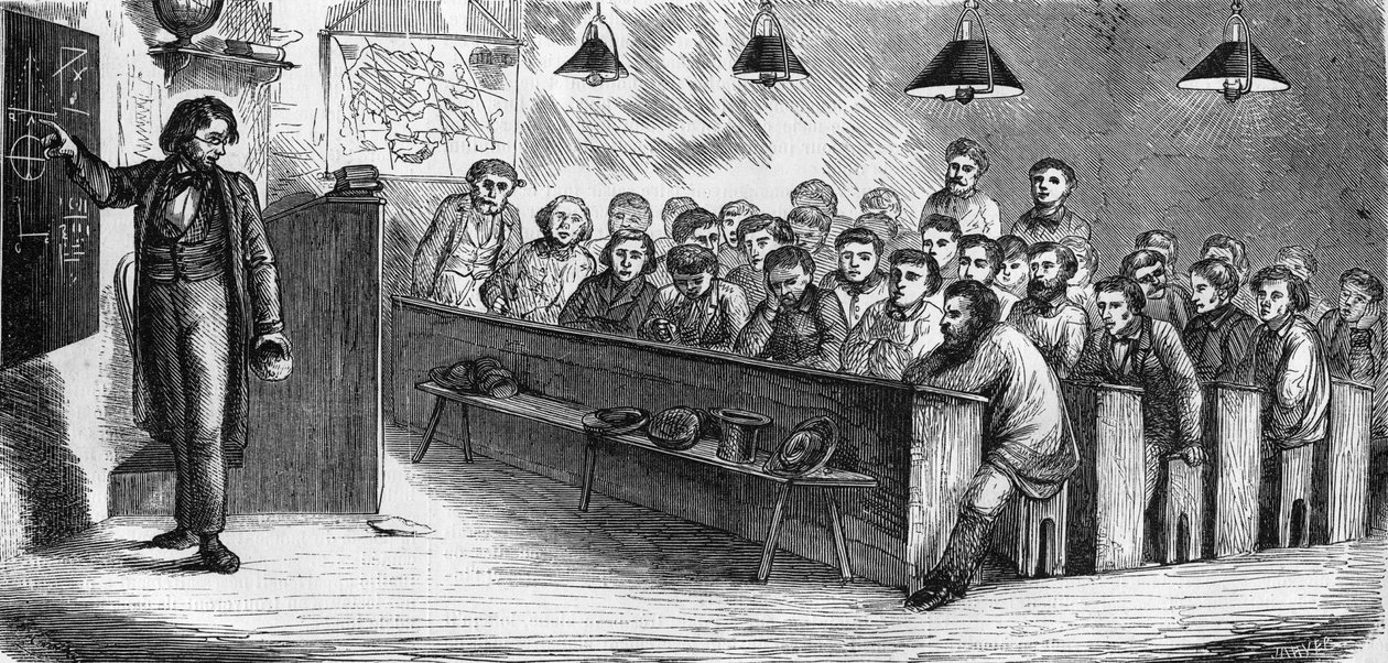 Kvällsklass på en allmän vuxenskola i Paris 1858. av French School