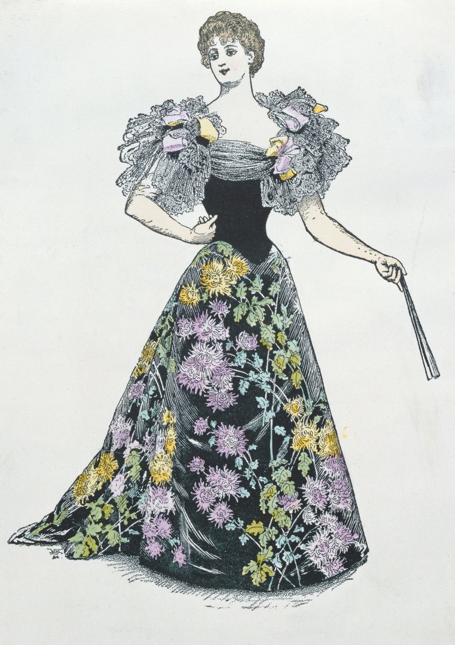 Aftonklänning med krysantemummotiv, 1894 av French School