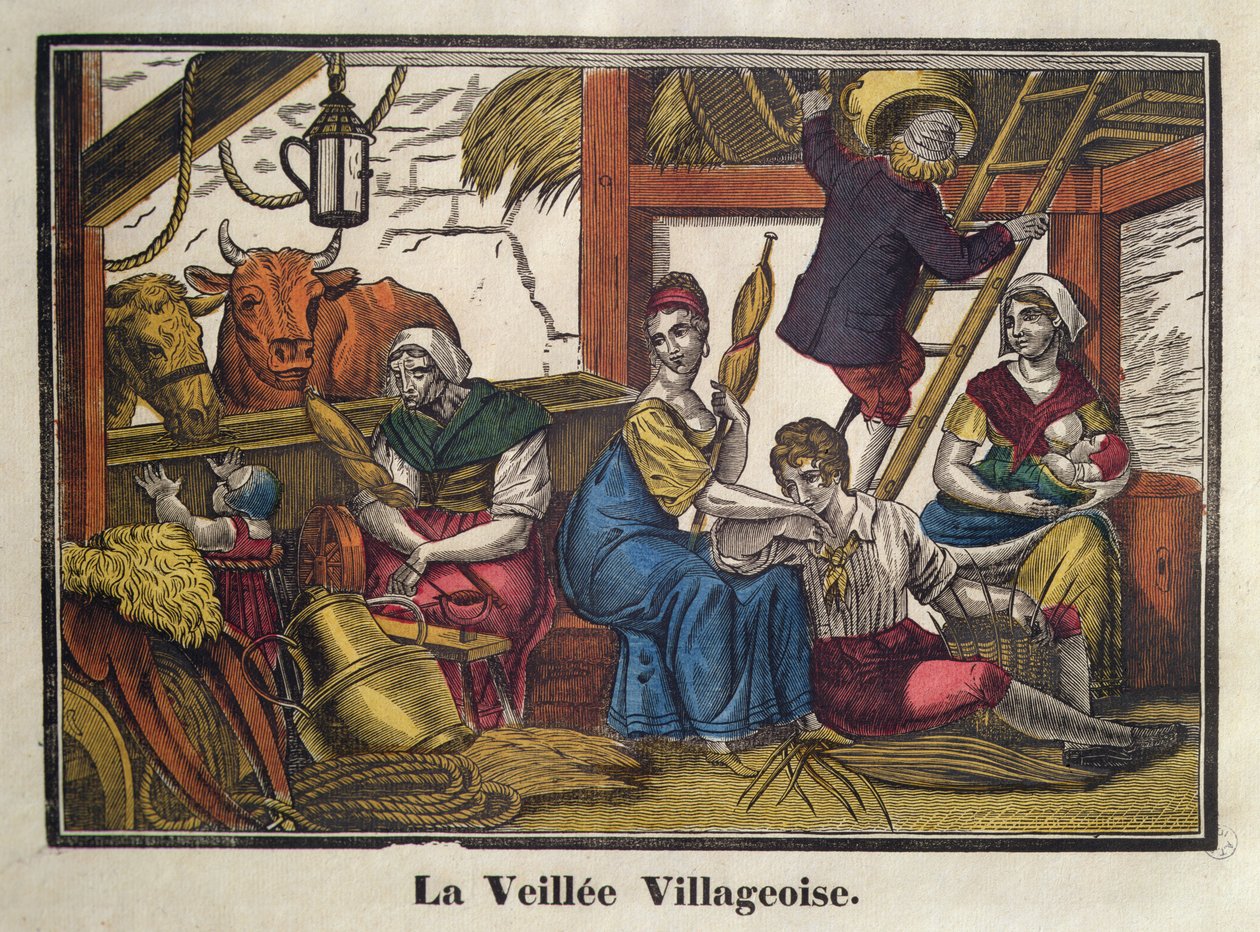 Kvällsliv i byn, tidigt 1800-tal (färg litho) av French School