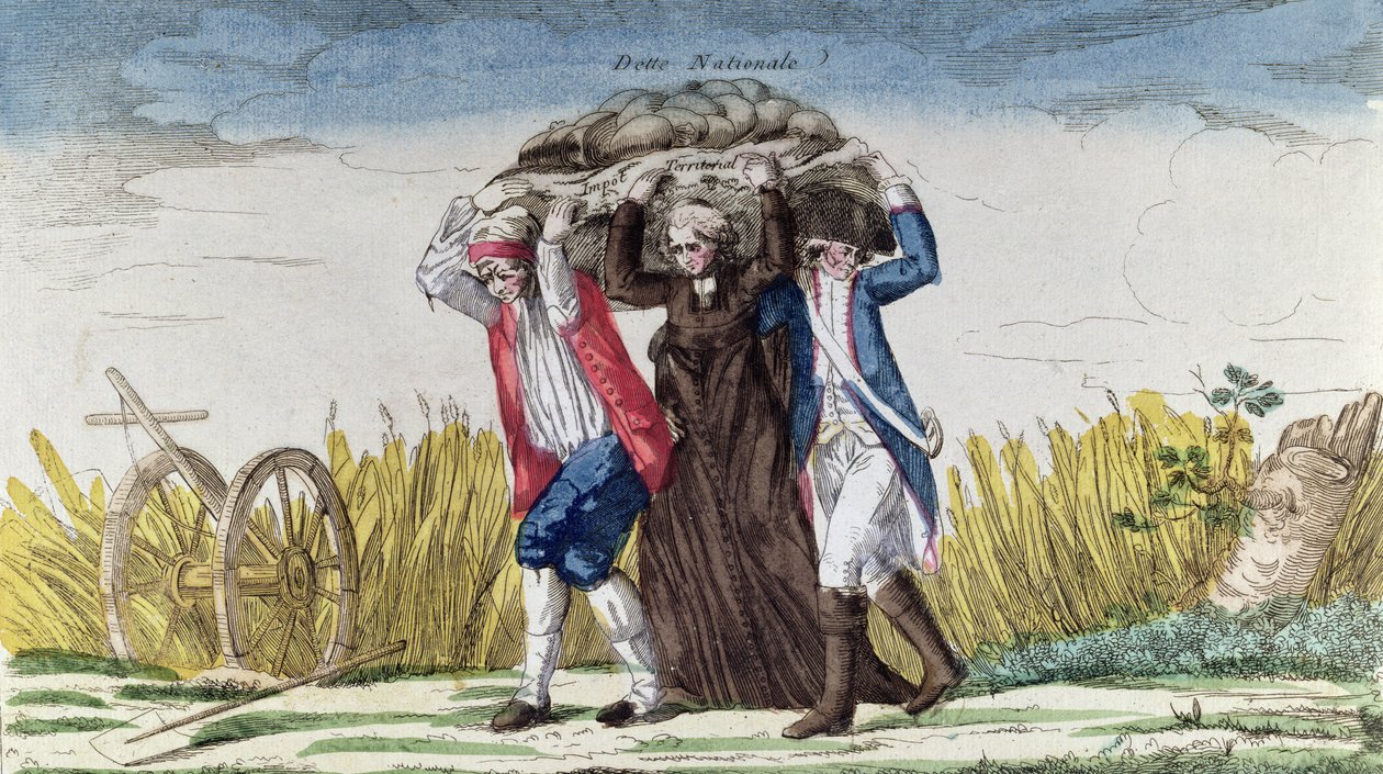 Alla bär bördan av skatter och statsskuld, c.1789 (färgstick) av French School