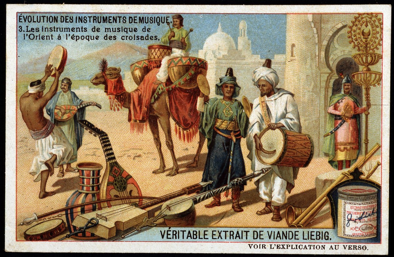 Utveckling av musikinstrument: Arabiska musikinstrument från öst till korstågen. Bendir, Duff, oud, Rabab och andra stråkinstrument, blås och slagverk (trumma). Sent 1800-tal liebig kromolitografi. av French School