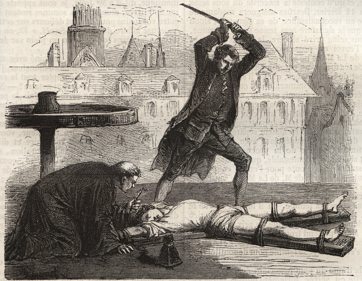Avrättning (Le torice de la roue) av förgiftaren Antoine-Francois (Antoine Francois) Desrues (1744-1777) på Place des Greves i Paris 1777 - Desrues straff, bruten på hjulet på Place de Greve i Paris av French School