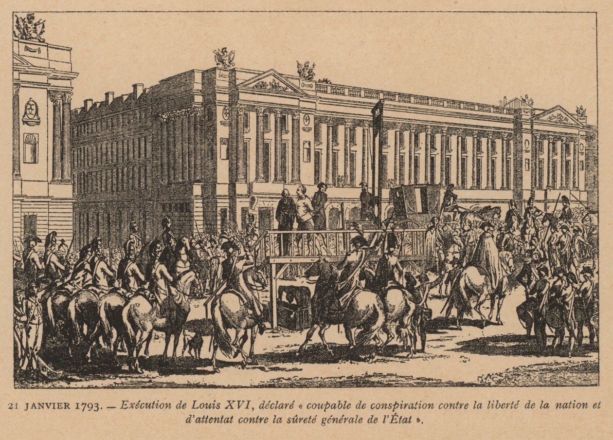 Avrättning av kung Ludvig XVI av Frankrike, Paris, franska revolutionen, 21 januari 1793 (gravyr) av French School