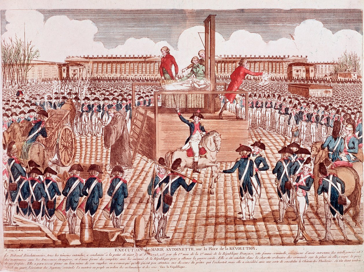 Avrättning av Marie Antoinette, Frankrikes drottning, Place de la Revolution, Paris, 16 oktober 1793 (gravyr) av French School