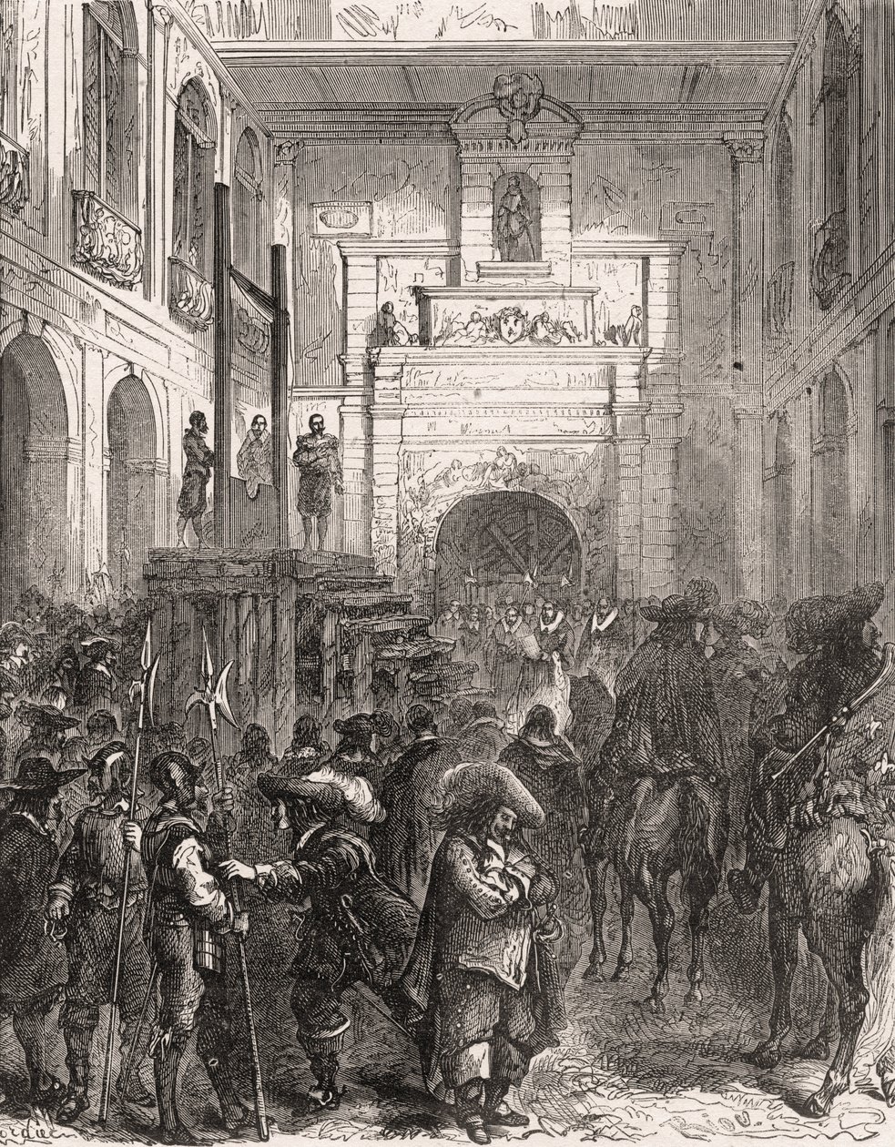 Avrättning av marechal Henri II av Montmorency (Montmorenci) (1595-1632) i Toulouse 1632. Gravyr i "" Histoire De France En Cent-målningar av Paul Lehugeur "" 1891. av French School