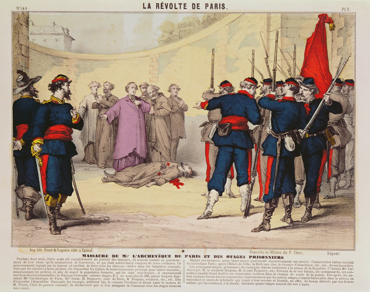 Avrättning av ärkebiskopen av Paris, Monseigneur Darboy, under Pariskommunen, 1871 (färgstick) av French School