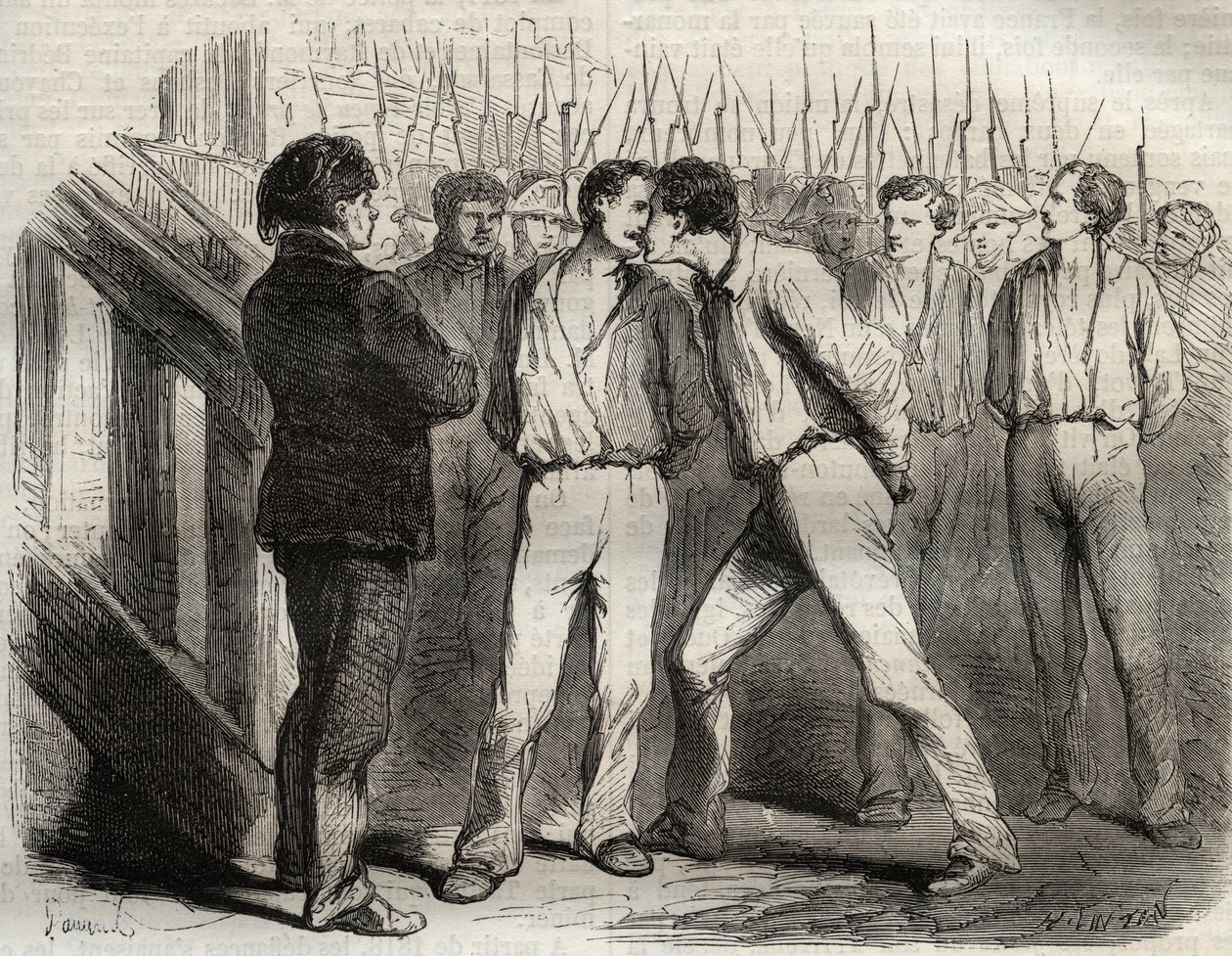 Avrättning av de fyra sergeanterna i La Rochelle den 21 september 1822: Bories, Raoulx, Gaubin, Pommier - Raoulx, som skulle passera den första, bad att få omfamna sina kamrater - Gravyr i "" Causes celebres de tous les peuples"" av Armand Fouquier (1817-1 av French School