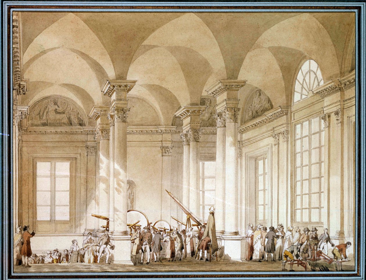 Utställning av astronomiska glasögon och optiska instrument 1700-talets akvarell. Paris, Louvren av French School