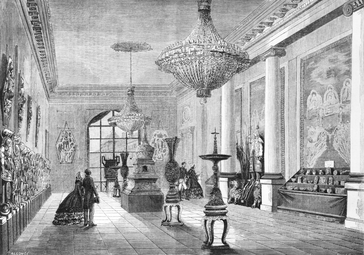 Utställning av de kinesiska kuriosa som gavs till kejsaren av expeditionsarmén, illustration från Le Monde Illustre, 1861 av French School