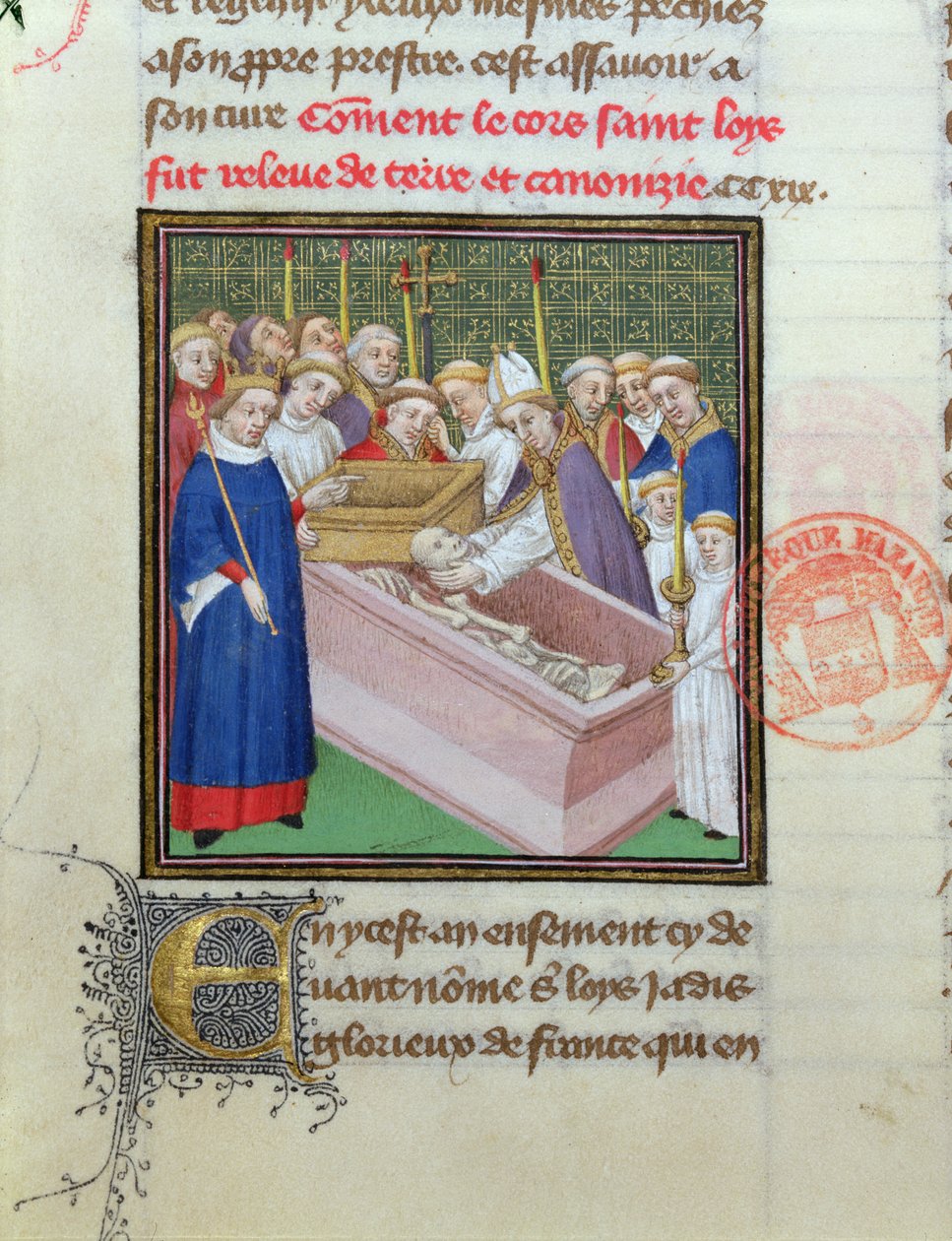 Uppgravning och kanonisering av St. Louis (1215-70) 1297, från Les Grandes Chroniques de France av French School