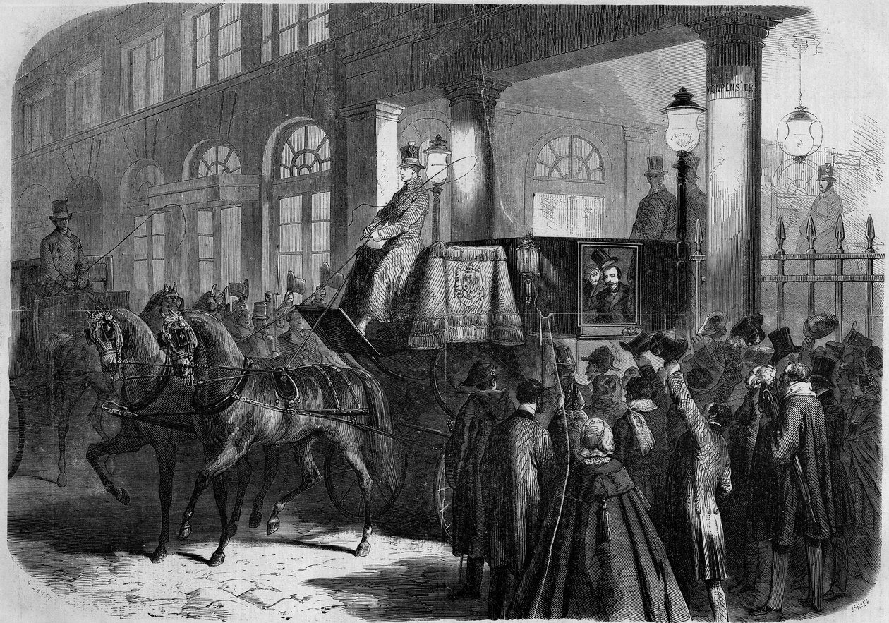 Utgång av kejsar Napoleon III (1808-1873) från Comedie Francaise (Comedie-Francaise) efter en representation av "" Chatterton""". Paris av French School