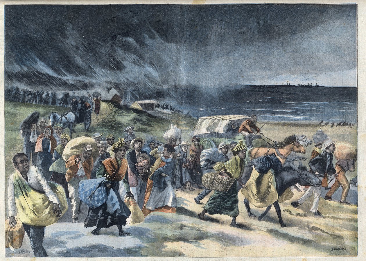 Utvandring av invånarna i Fort de France (Fort-de-France) efter utbrottet av vulkanen de la Montagne Pelee på Martinique. Gravyr i "" Le Petro Parisien"" av French School