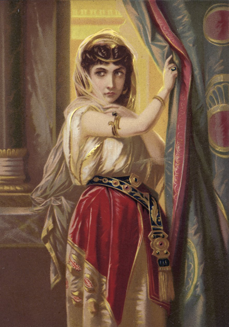 Exotisk flicka, bärande guldsmycken (chromolitho) av French School