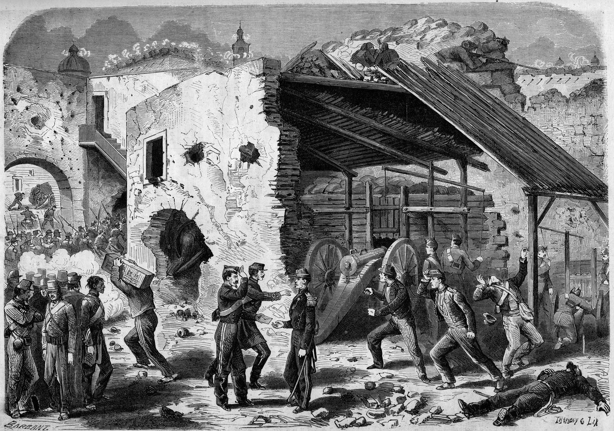 Expedition till Mexiko (1861-1867) - belägring av Puebla - 1863: anfall på ett ramverk (husblock) av den franska armén. Väl inne i staden fick de franska soldaterna slåss kvartal för kvartal. Gravyr i ""The World I av French School