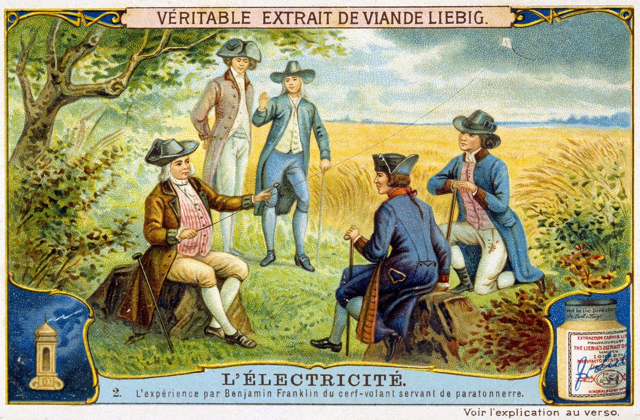 Benjamin Franklins erfarenhet av flygande rådjur som används som blixtstång - Liebig-reklamdekal av French School