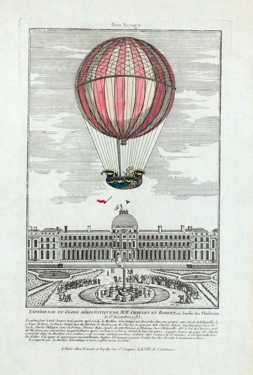 Erfarenhet av MM:s aerostatiska klot. Charles och Robert på Jardin des Thuileries den 1 december 1783, pub. 1783 (handfärgad gravyr) av French School