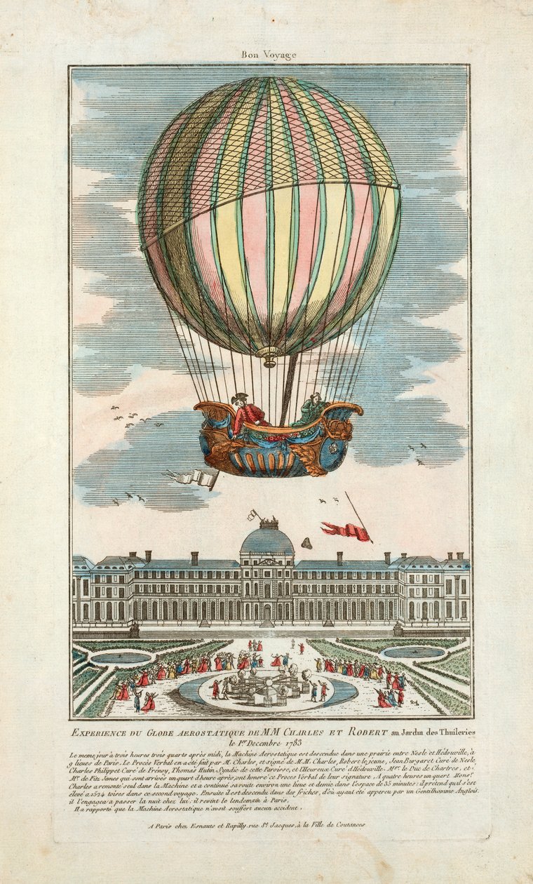 Erfarenhet av MM:s aerostatiska klot. Charles och Robert på Jardin des Thuileries den 1 december 1783, pub. 1783 (handfärgad gravyr) av French School