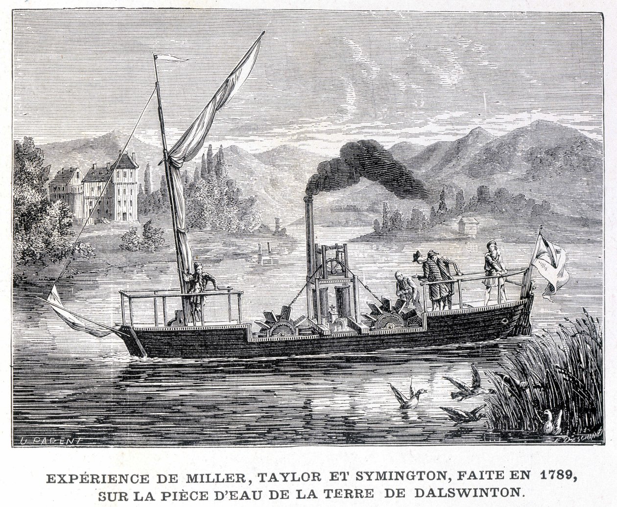 Upplevelse av Miller, Taylor och Symington, gjorda 1789, på vattenbiten av Dalswintons land - i "" Album of Science; berömda forskare; Stora upptäckter””” 1896. av French School