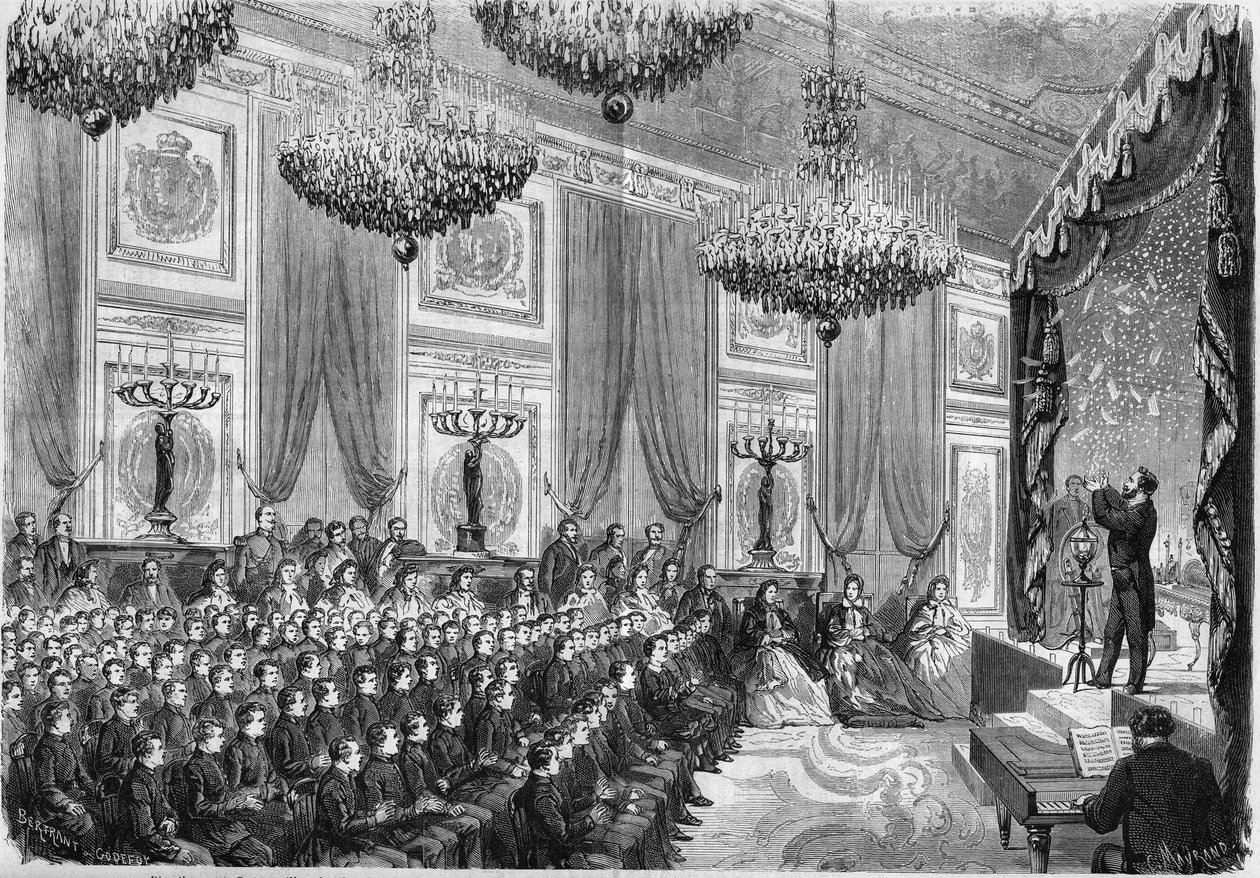 Fysikaxperiment utförda av Henri Robin (cirka 1803-1874) för att hedra de bästa studenterna vid Lycees de Paris, en föreställning som erbjuds av Prince Imperial på Tuileriespalatset den 27 januari 1865. Närvarande: Prince Imperial, son till N av French School
