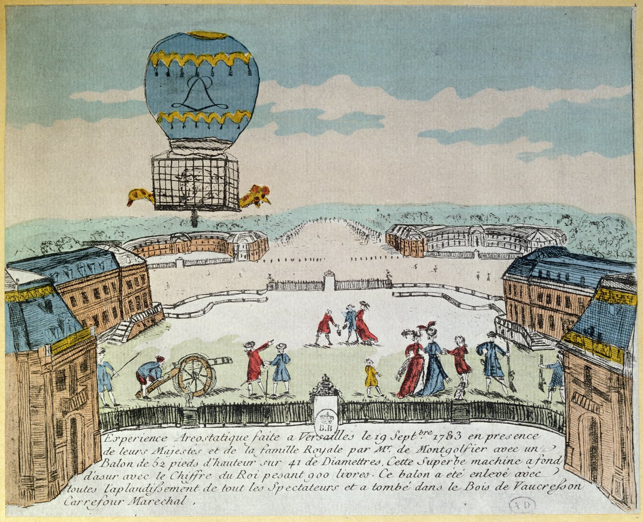 Experimentera i Versailles av bröderna Montgolfier med flygningen i en Montgolfiere luftballong av en hane, en anka och ett får den 19 september 1783 av French School