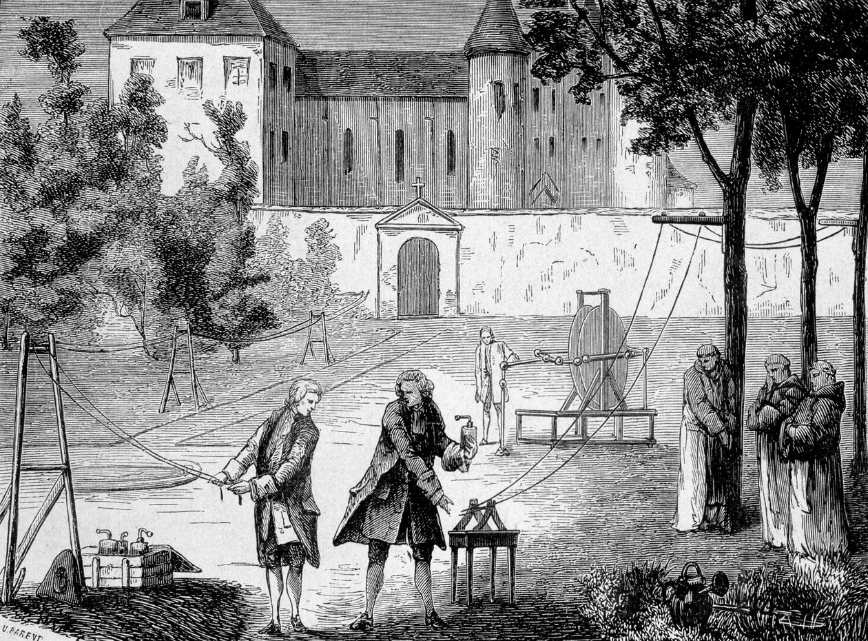 Experiment som gjordes 1746 av Lemonnier i klostret Chartreux för att uppskatta elektricitetens hastighet - i "Album de la Science; berömda vetenskapsmän; Stora upptäckter””” 1896. av French School