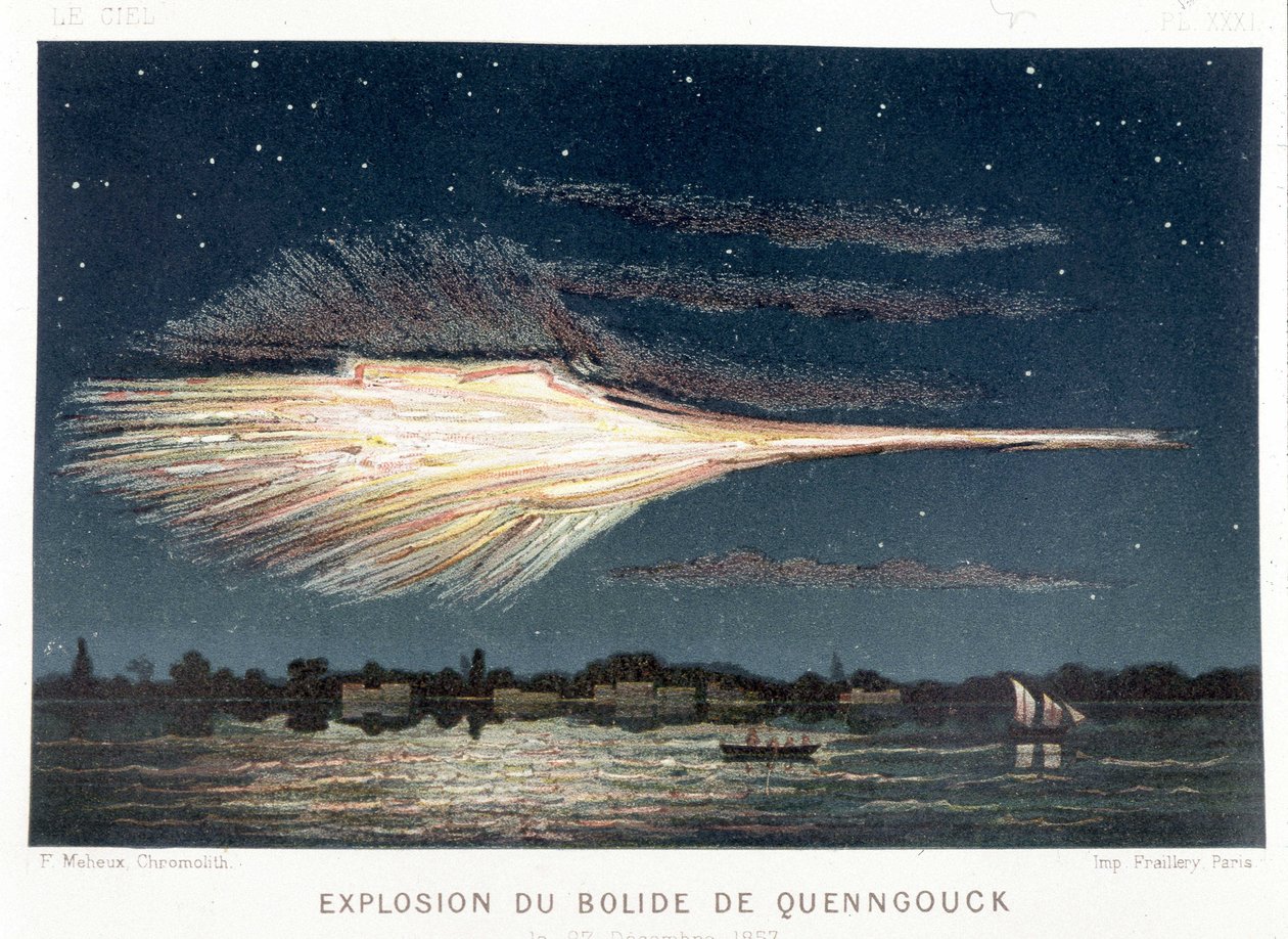 Explosion av Quenngouck bolide (meteorit) den 27 december 1857 - i "" Le Ciel"" av Amédée Guillemin, Paris av French School