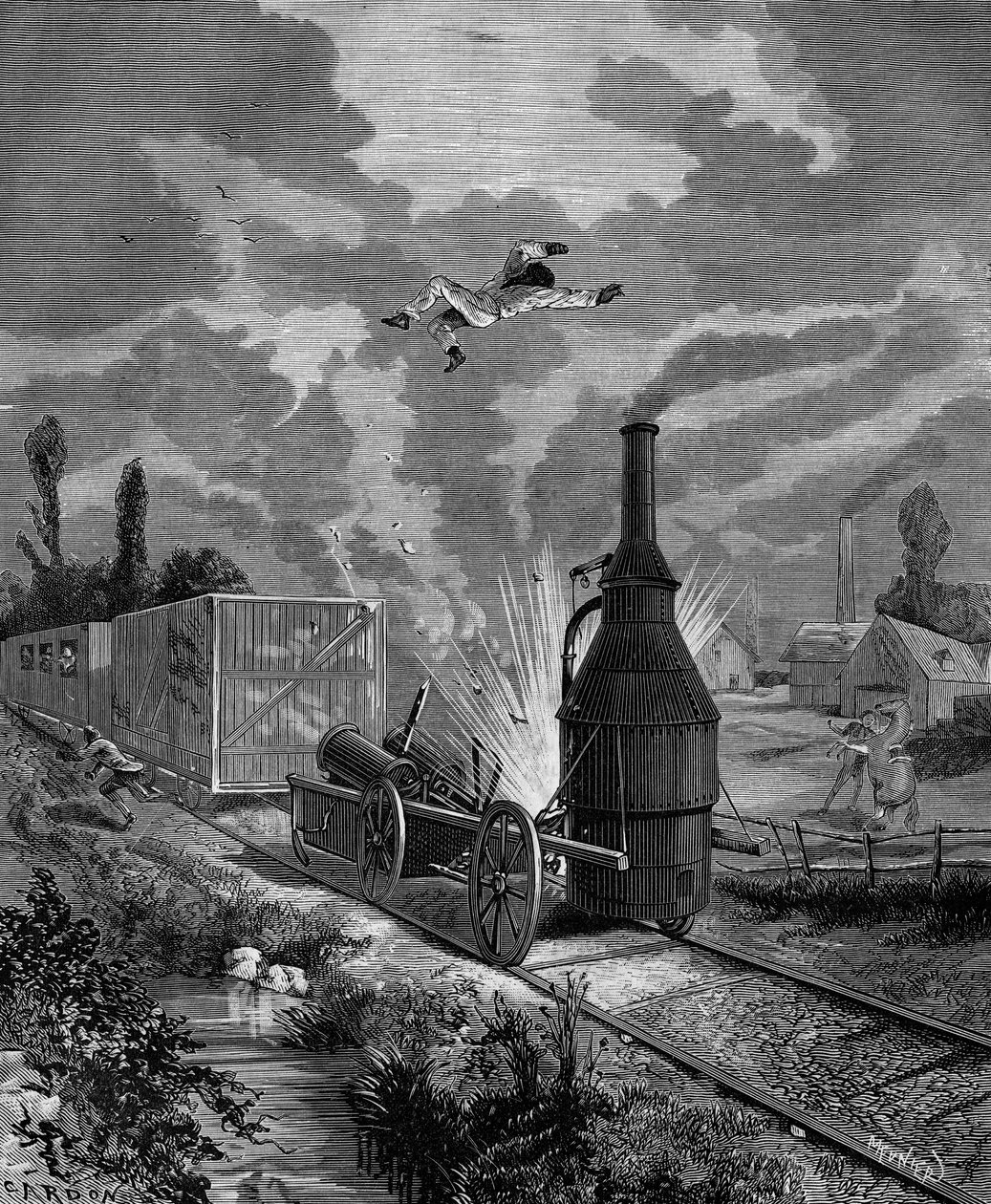 Explosion av pannan till ett av de första amerikanska ångloken, i juni 1831 ("den bästa vännen"). i "Popular history of science, uppfinningar och upptäckter från de första århundradena till våra dagar" av Bitard Adolphe 1880. av French School