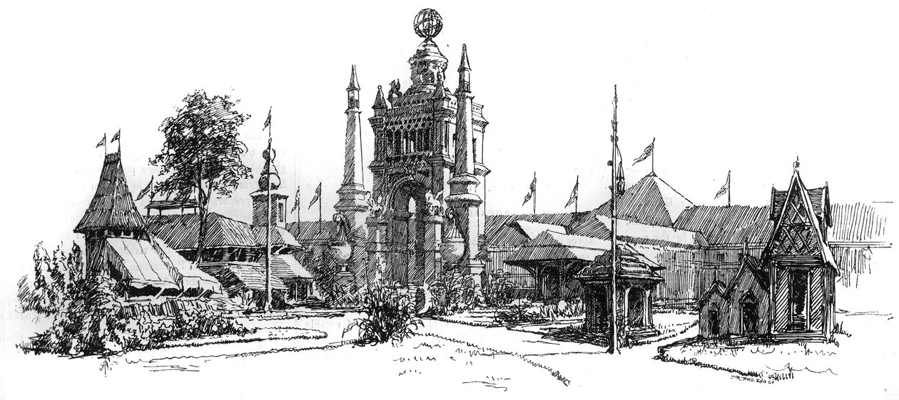 Universell utställning i Antwerpen (Belgien) 1885: utsikt över utställningsbyggnaderna. Gravyr i ""Le Monde Illustre"", 22 augusti 1885. av French School