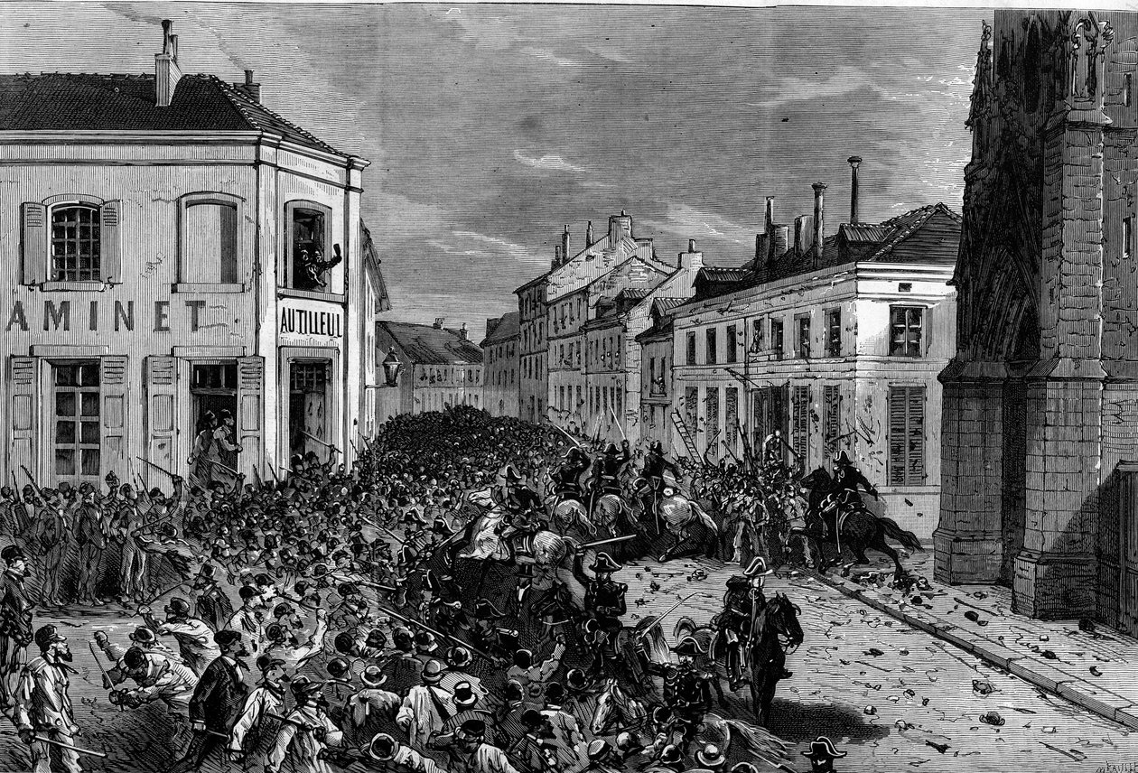 Utvisning av maristerna i Tourcoing efter dekreten från mars 1880 som fattades av Jules Ferry och som tar bort rätten att undervisa medlemmar av otillåtna religiösa församlingar: polisen skingrade ryttarna, fientliga mot utvisningen av maristerna, och av French School