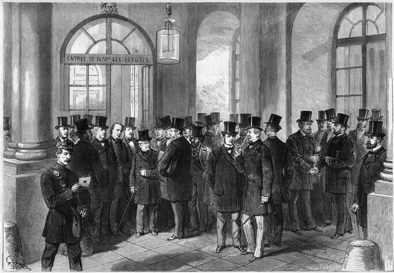 Förlängning av presidentperioden för marechal av Mac-Mahon (Mac Mahon), etablering av septennaten i Frankrike, november 1873: utsikt över entrédörren till Assembllee de Versailles, dagen för diskussionen om prorogationen. Från vänster till höger av French School