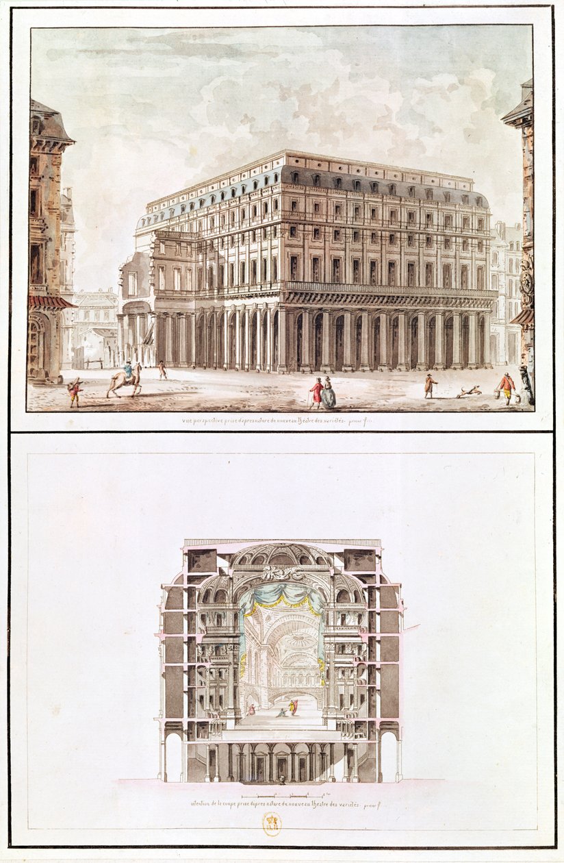 Exteriör och tvärsnitt av interiören av Theatre des Varietes, 6 rue de Richelieu av French School