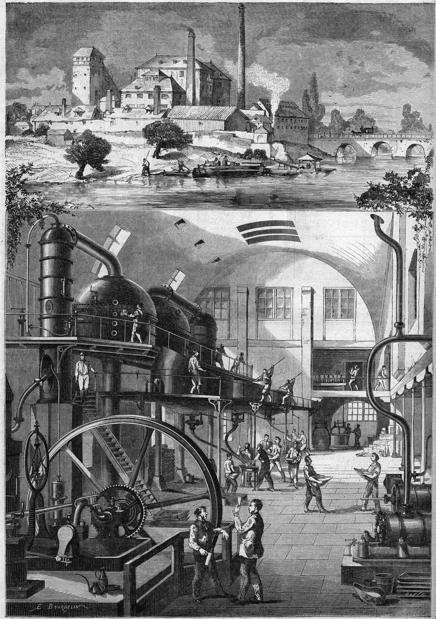 Exteriörvy och huvudverkstäder av det stora sockerraffinaderiet Les Recollets, ägt av Mr. Cedard i Nantes 1864. Gravyr i "" Le Monde Illustré"" nr 380 av 23 juli 1864. av French School