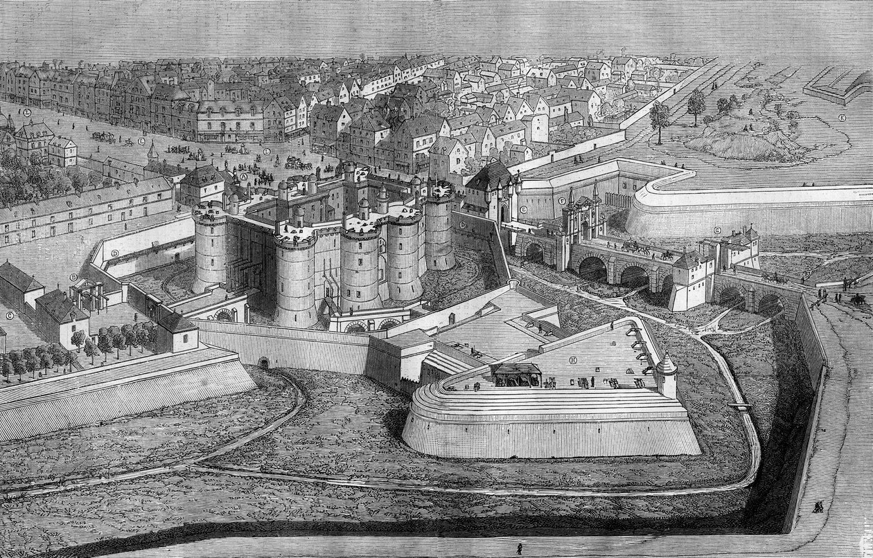 Exteriör vy av Bastiljen i Paris 1650. av French School